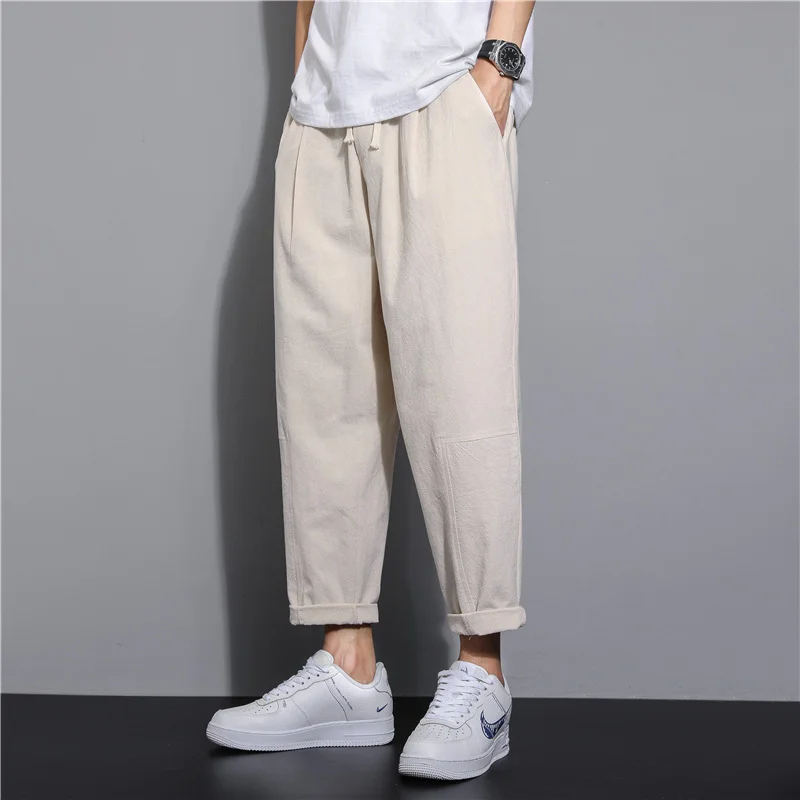 Reemelody Men's cotton and linen loose straight pants