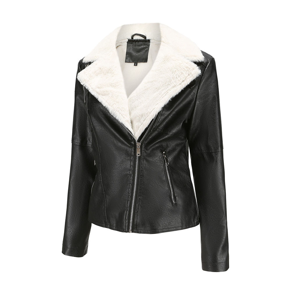 Reemelody New women's velvet collar buckle zipper lapel leather jacket