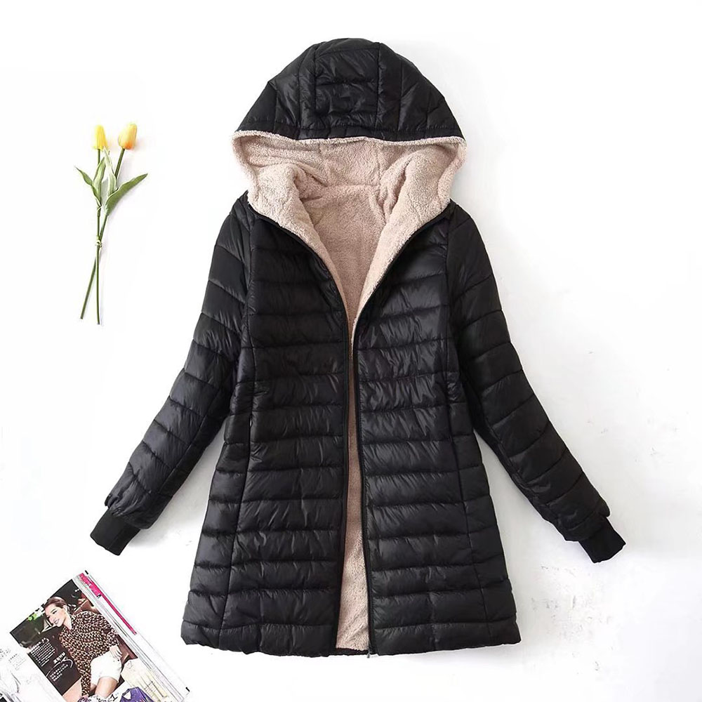 Reemelody Women's mid-length sherpa hooded cotton jacket