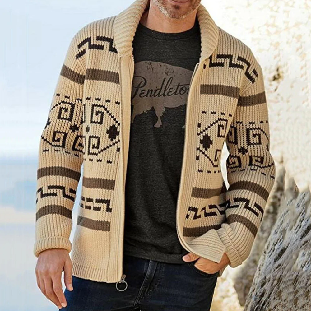 Reemelody New Men's Fashion Winter Lapel Casual Knitted Jacquard Cardigan Jacket