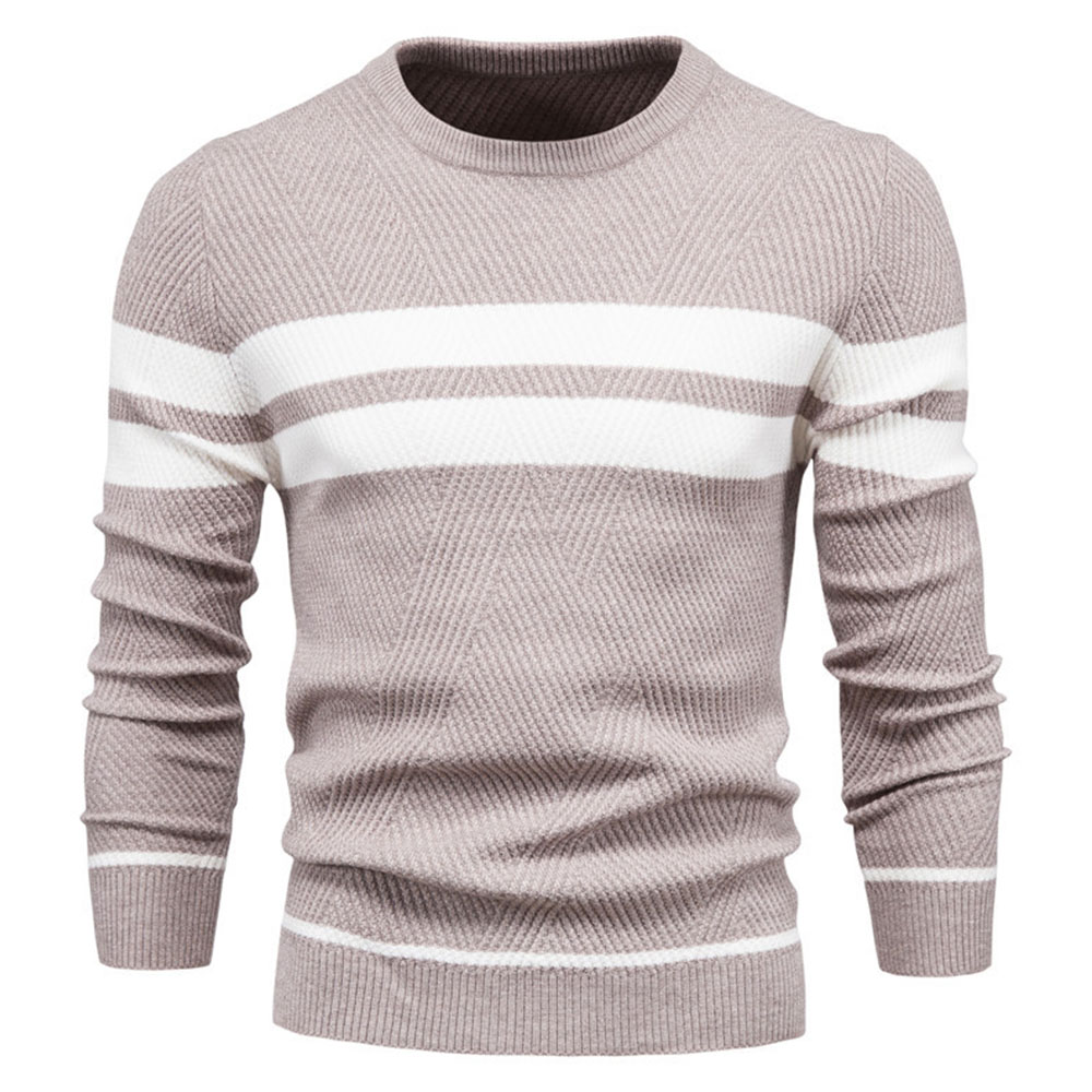 Reemelody Men's Spring and Autumn New Round Neck Striped Jacquard Sweater