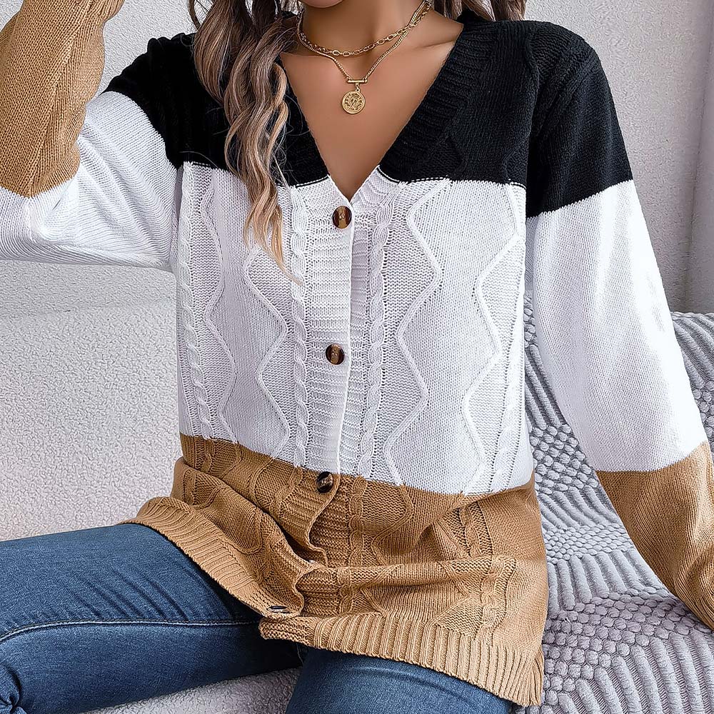 Reemelody New women's V-neck color block knitted cardigan sweater