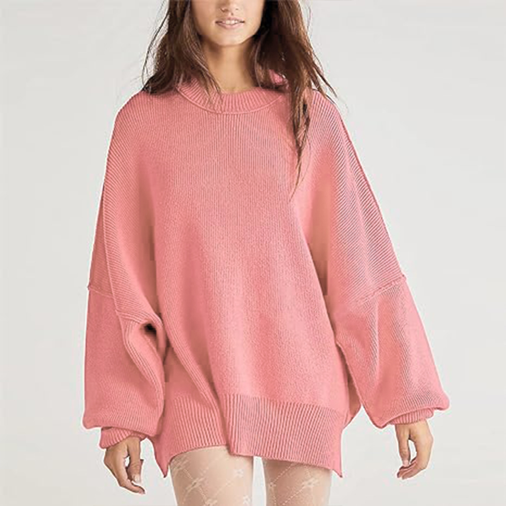Reemelody New women's solid color crew neck sweater loose casual sweater