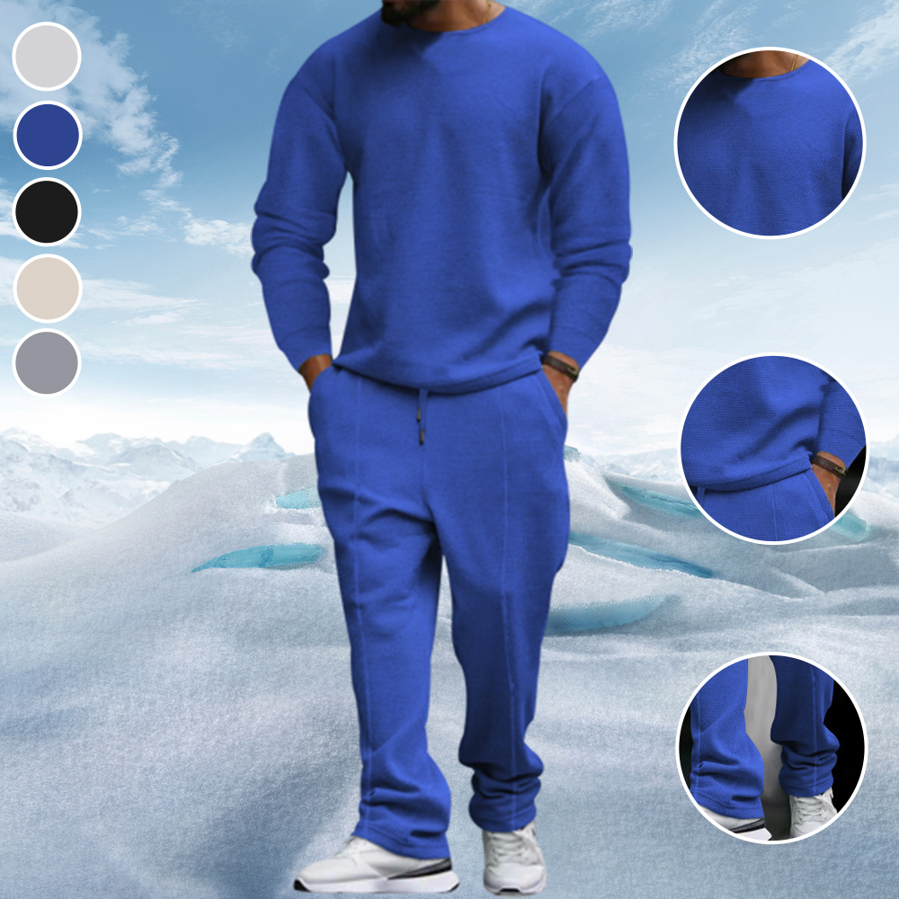 Reemelody New men's waffle round neck pullover trousers two-piece set
