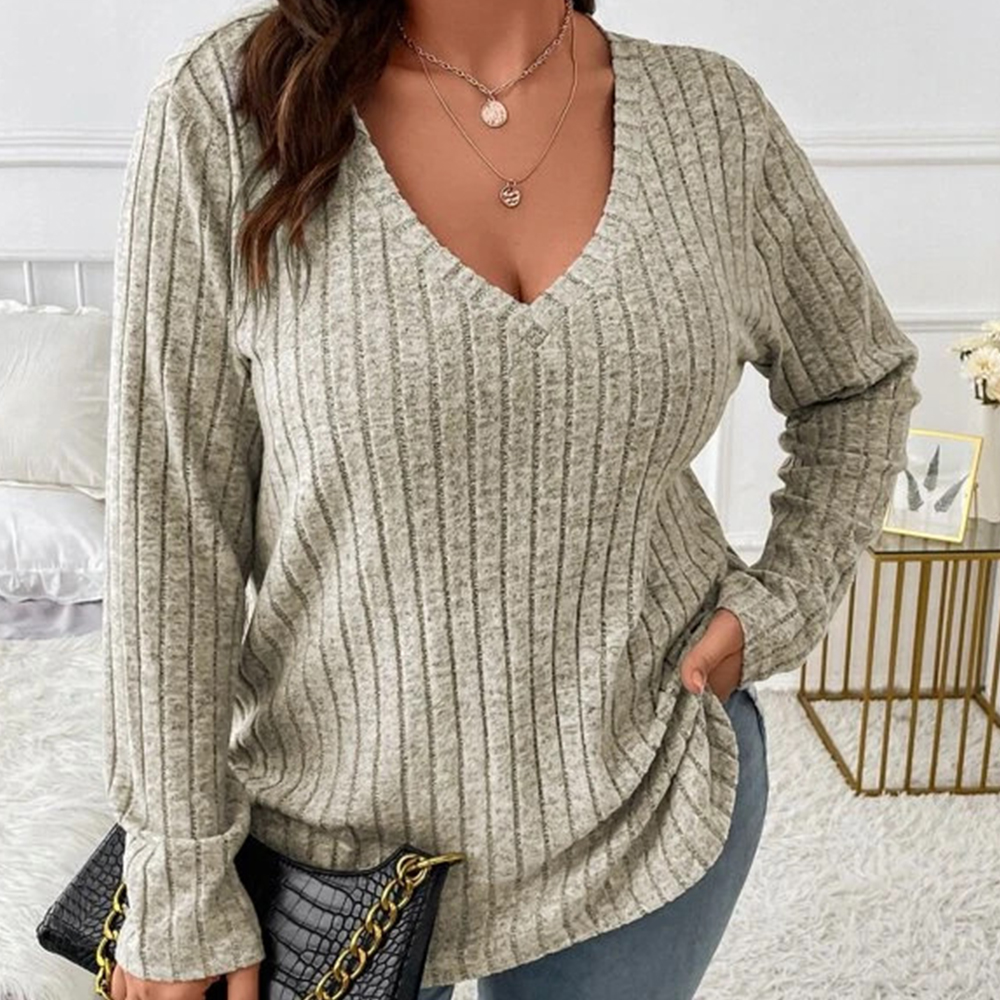 Reemelody Autumn and winter new solid color large size women's v-neck long-sleeved pit striped sweater