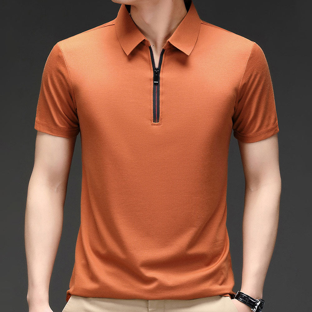 Reemelody Men's ice silk seamless zipper short-sleeved POLO shirt