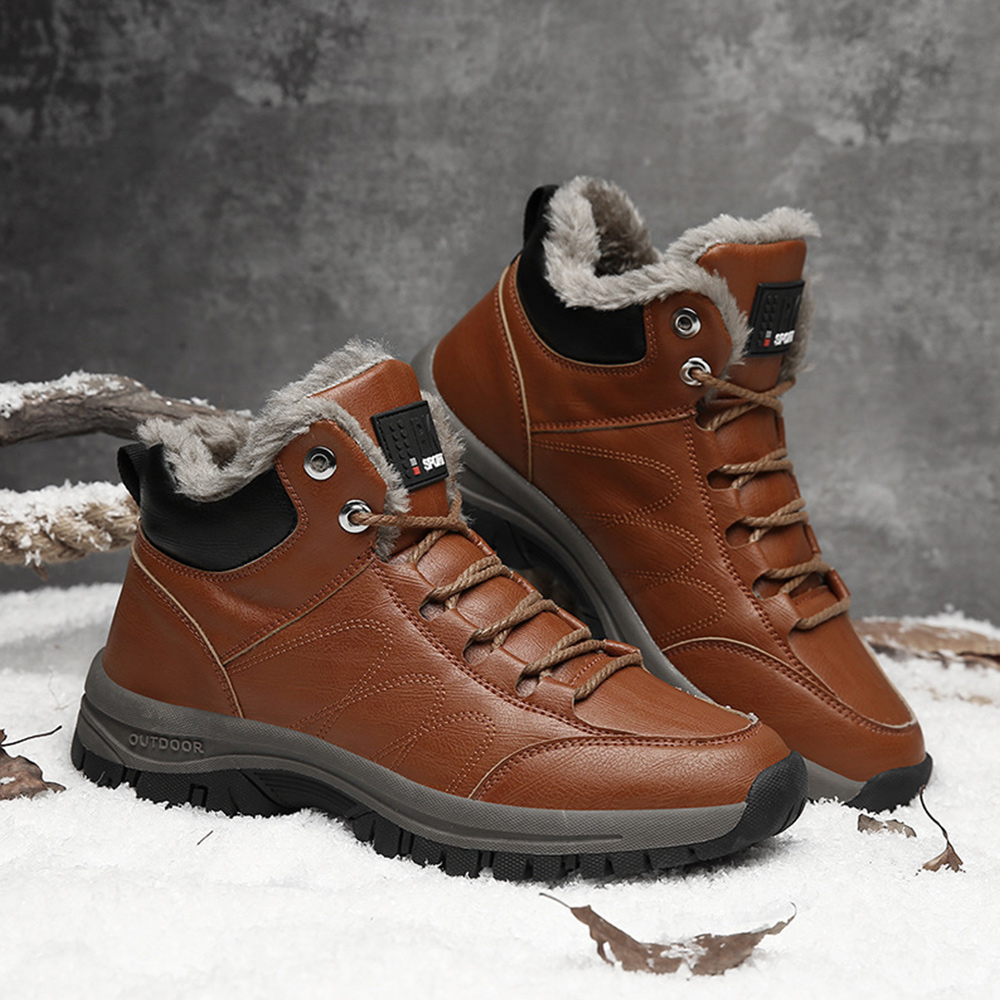 Reemelody Winter Men's Leather Fleece High Top Hiking Boot