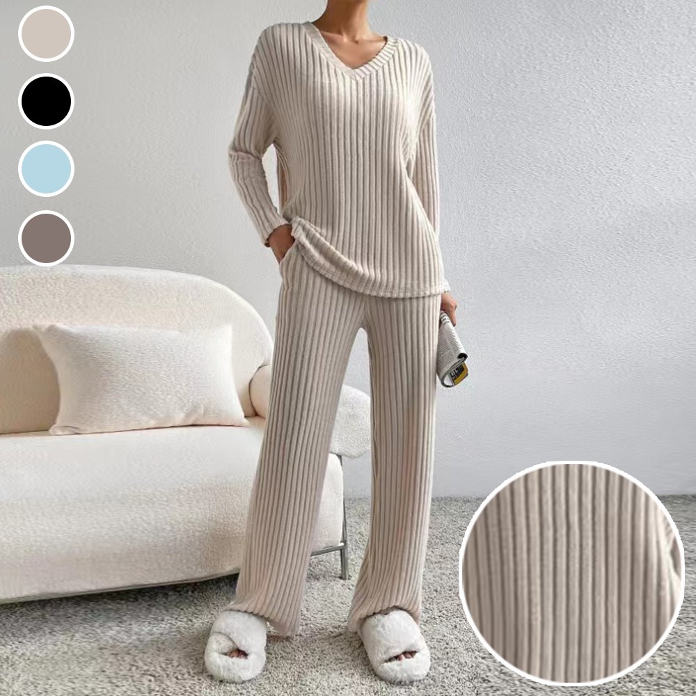 Reemelody New women's V-neck loose pitted sweater straight pants casual suit