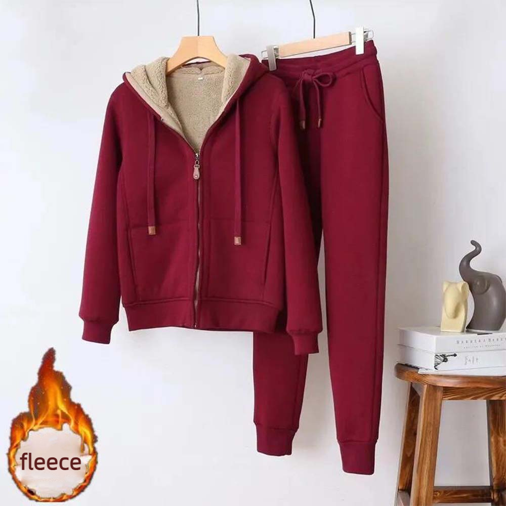 Reemelody Women's fleece hooded jacket and jogging pants two-piece set