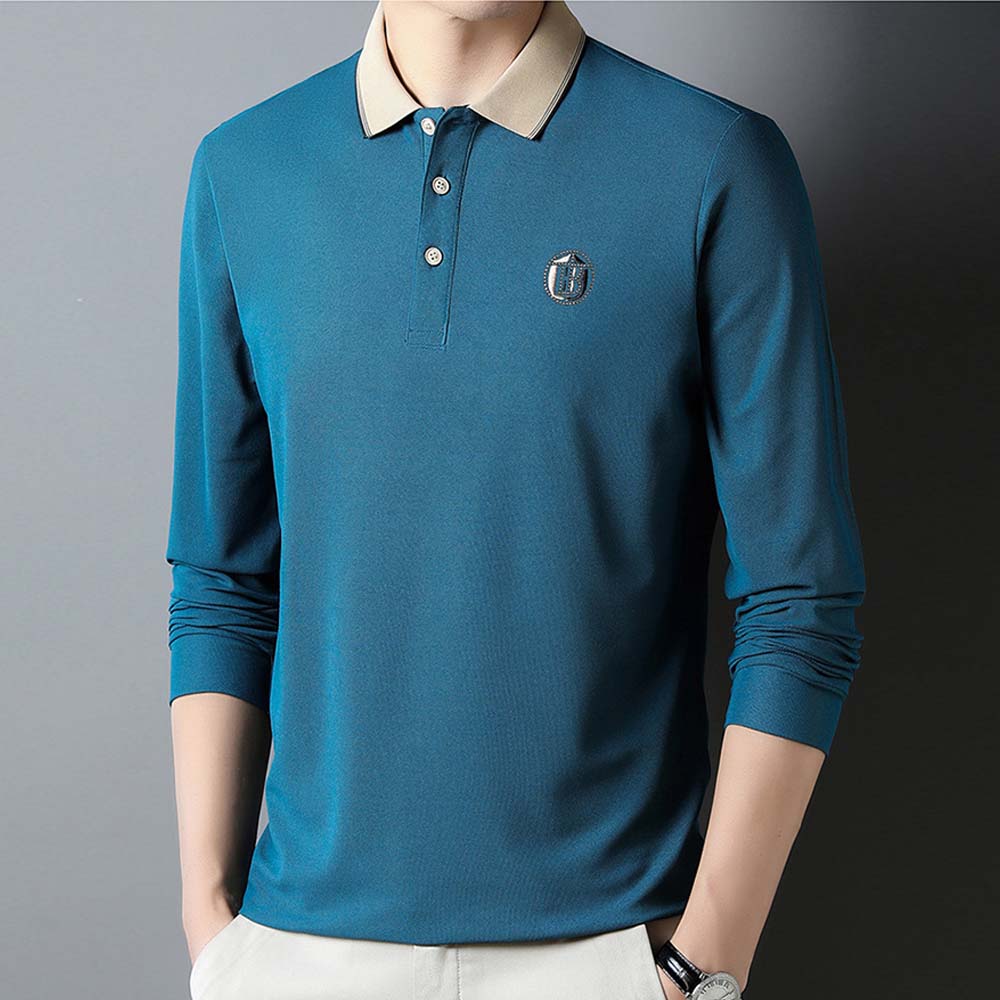 Reemelody Autumn New Men's Embroidered Lapel Long Sleeve POLO Shirt
