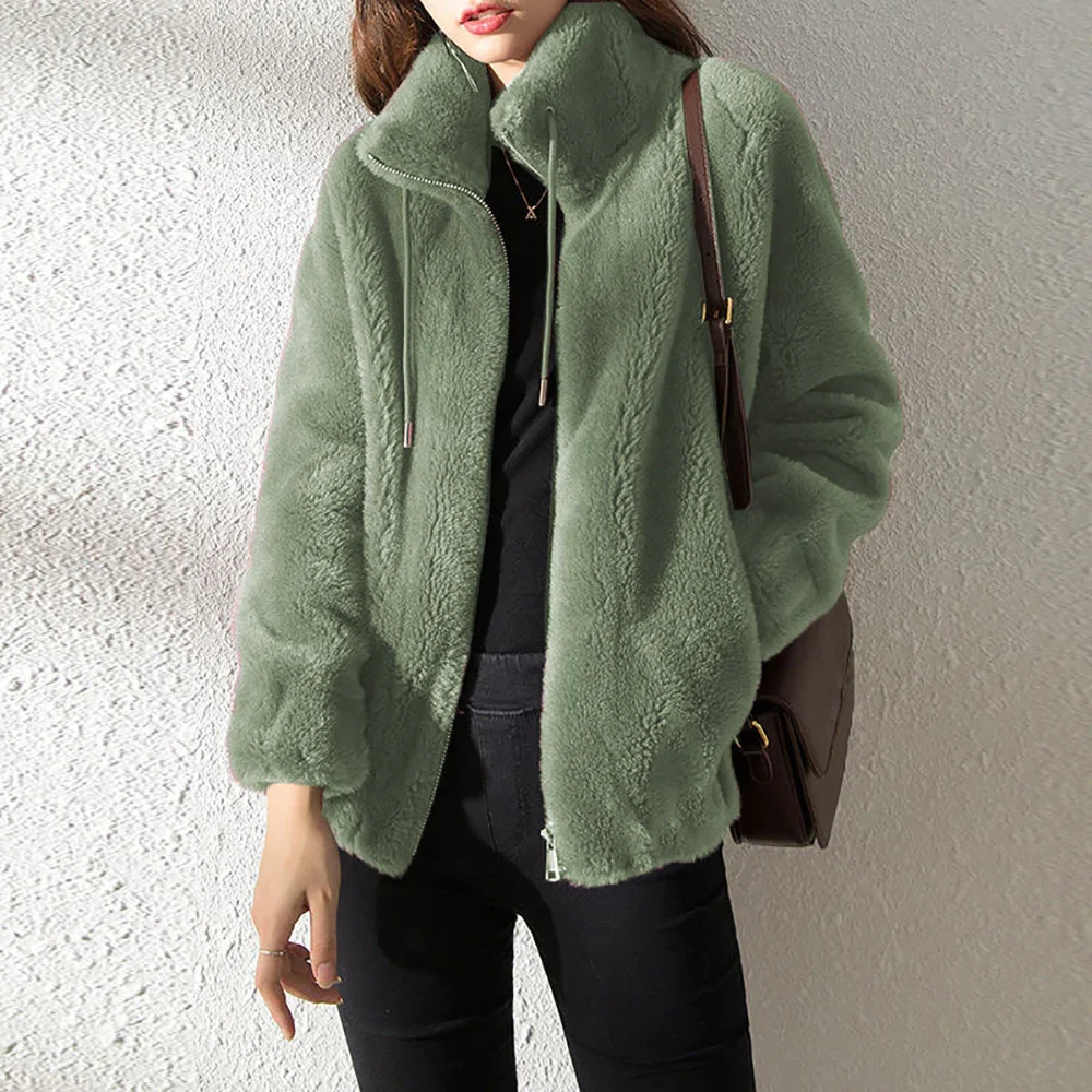 Reemelody Autumn and winter casual women's warm double-sided fleece jacket with stand collar