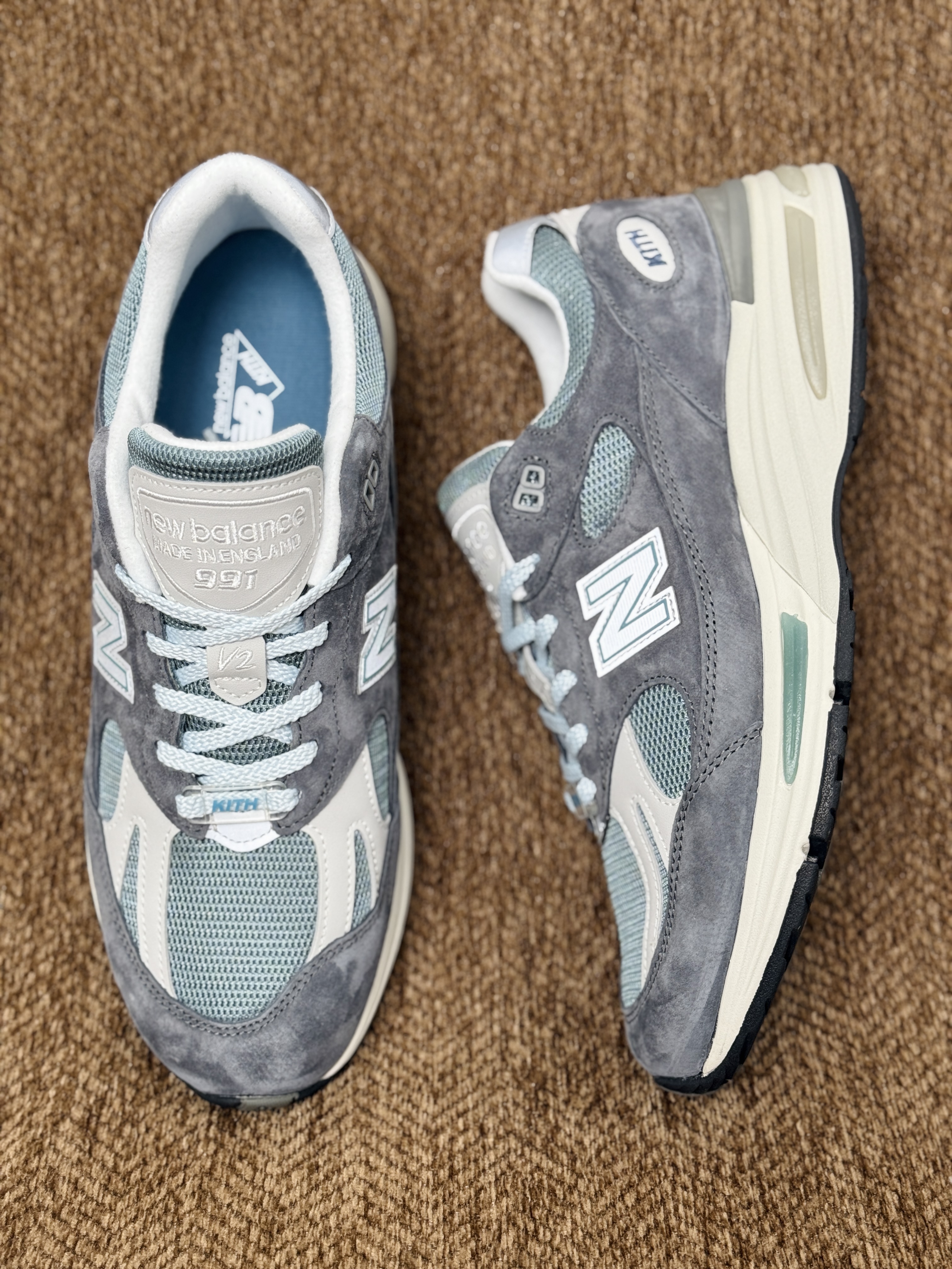 新版  KITH New Balance 991 V2 石头岛 低筒 复古跑鞋 休闲鞋 运动鞋 波鞋 男鞋 女鞋 灰蓝色 U991KH2