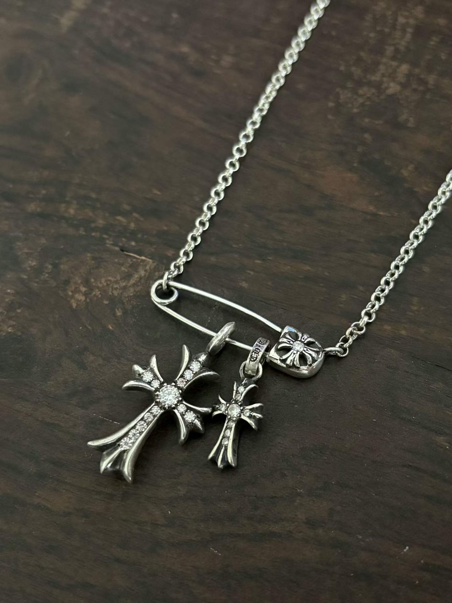 Chrome Hearts  CH 克罗心 925银  镶钻 双十字 别针 项链  （价格根据长度每日银价所定）