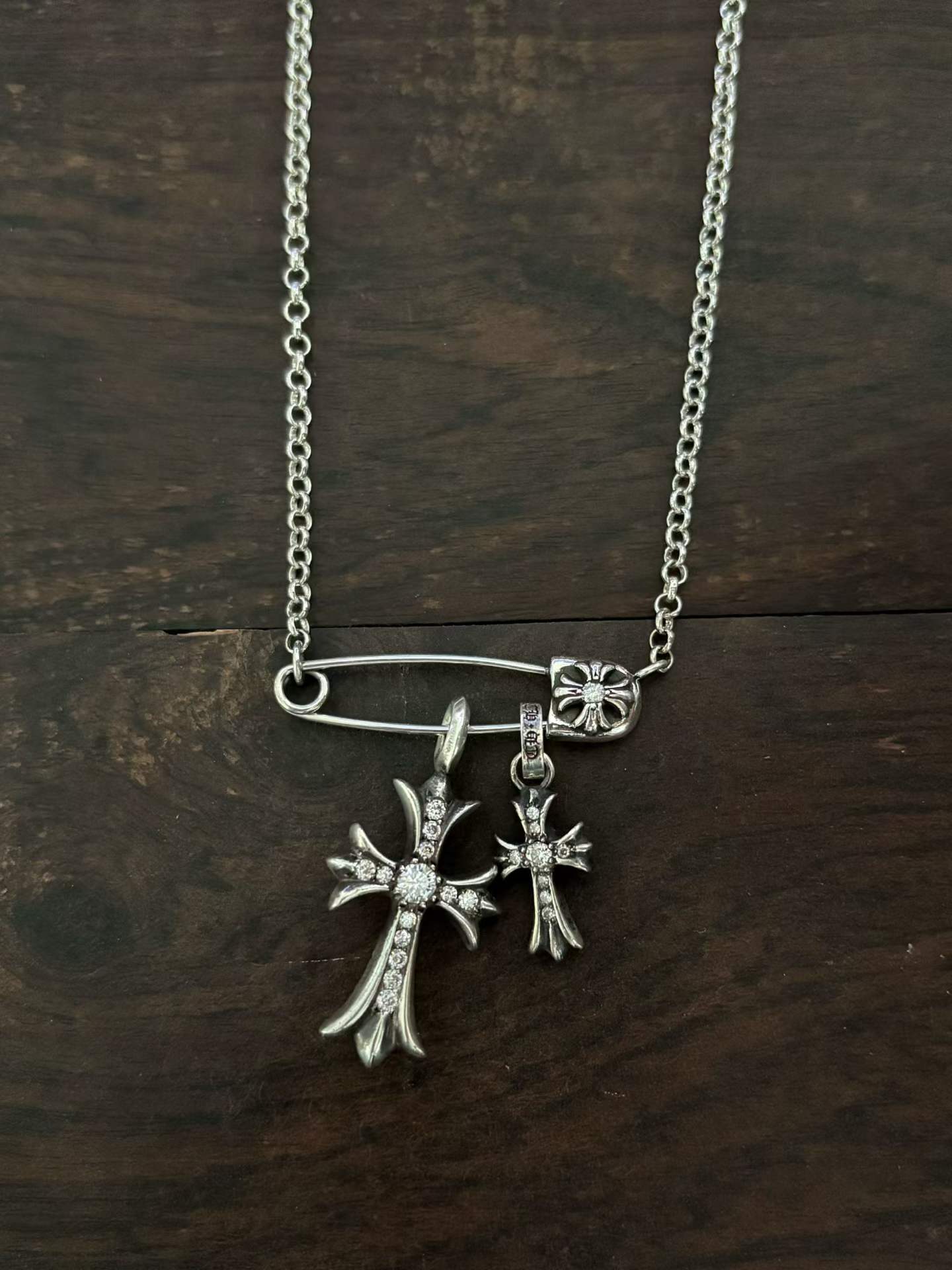 Chrome Hearts  CH 克罗心 925银  镶钻 双十字 别针 项链  （价格根据长度每日银价所定）