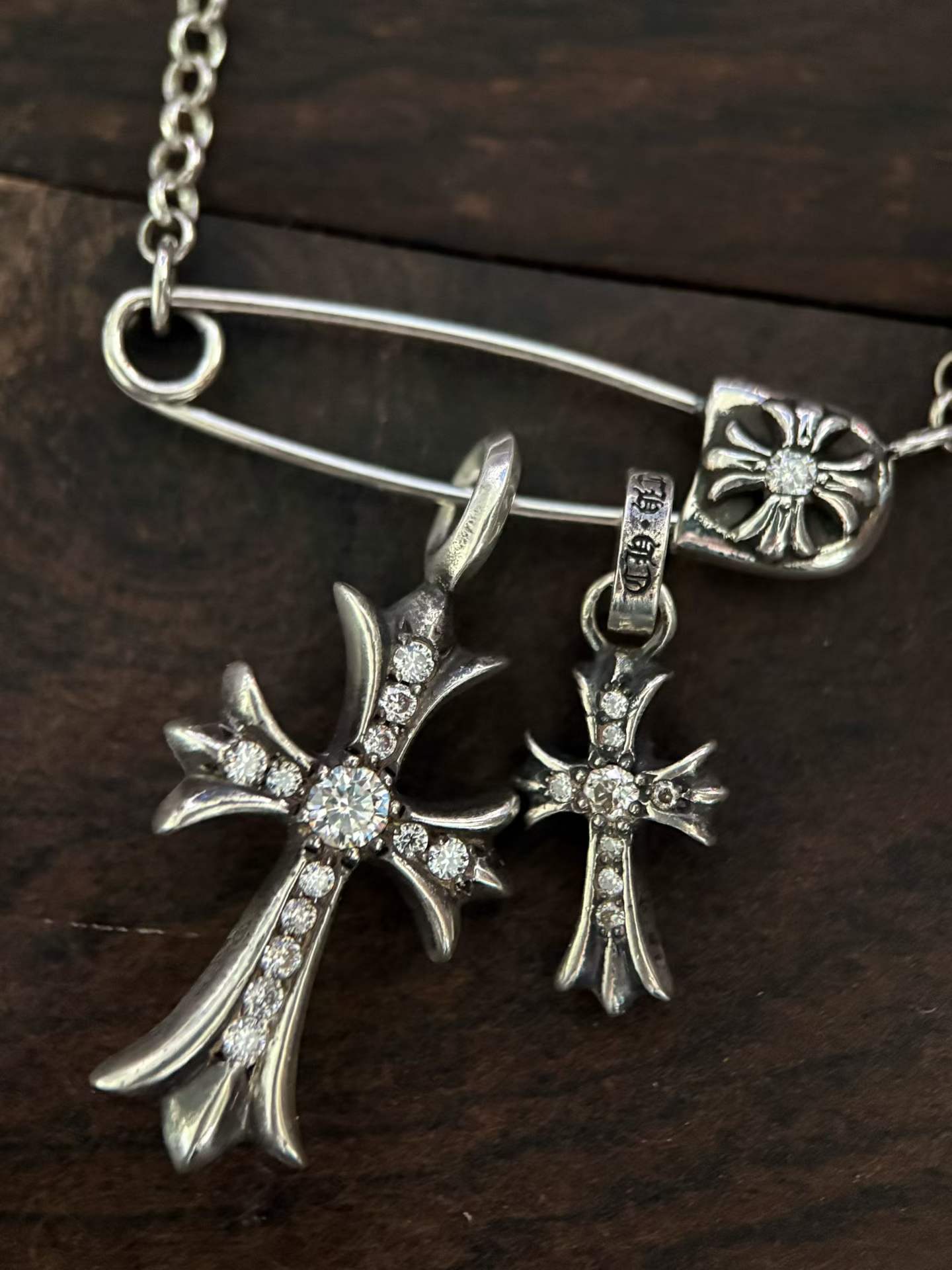 Chrome Hearts  CH 克罗心 925银  镶钻 双十字 别针 项链  （价格根据长度每日银价所定）