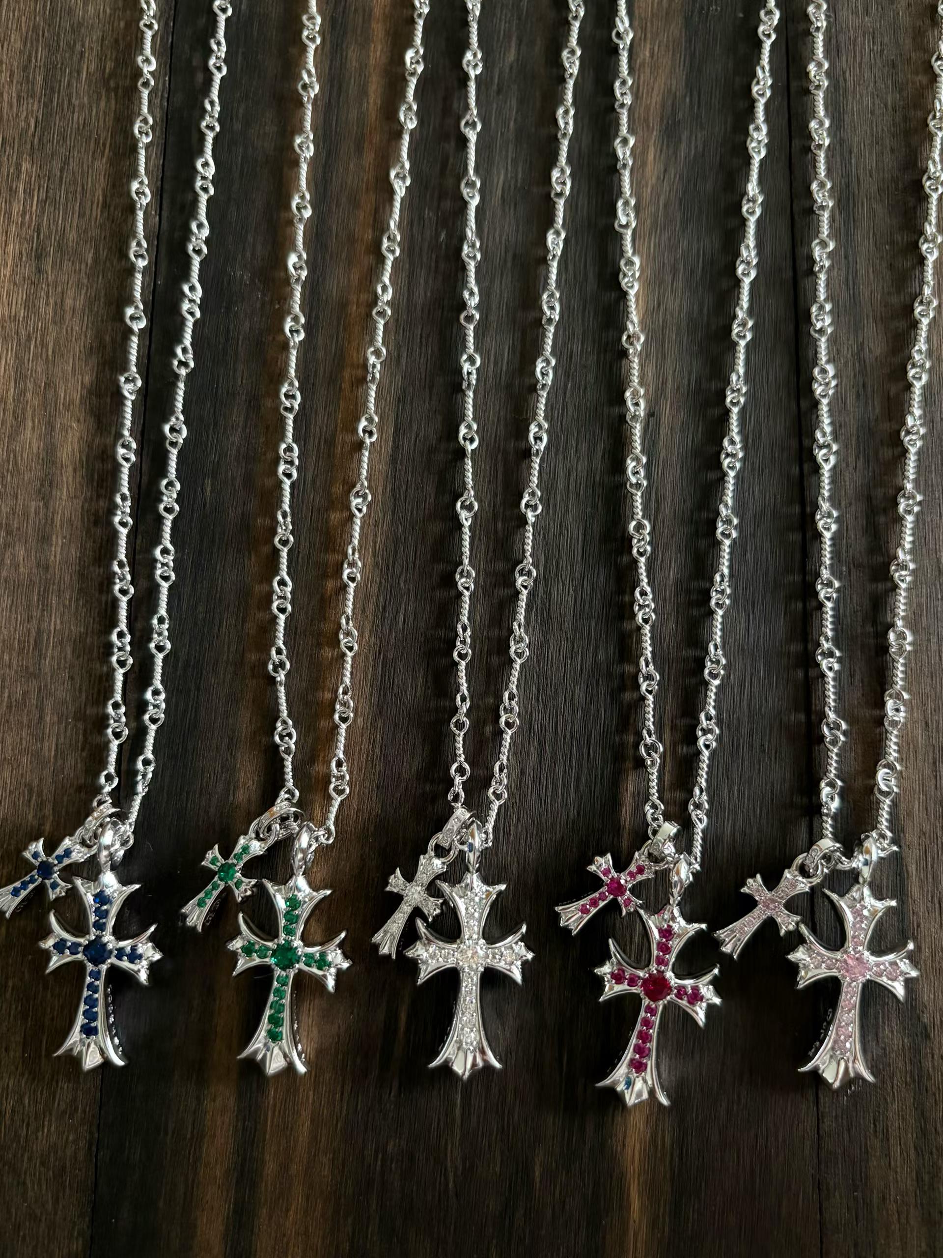 Chrome Hearts  CH 克罗心 925银 镀金 镶钻 双十字 项链 （价格根据长度每日银价所定）