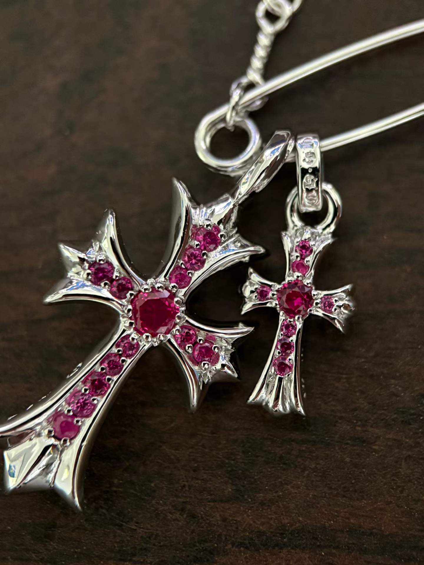 Chrome Hearts  CH 克罗心 925银 镀金 红宝石 双十字 别针 项链 （价格根据长度每日银价所定）