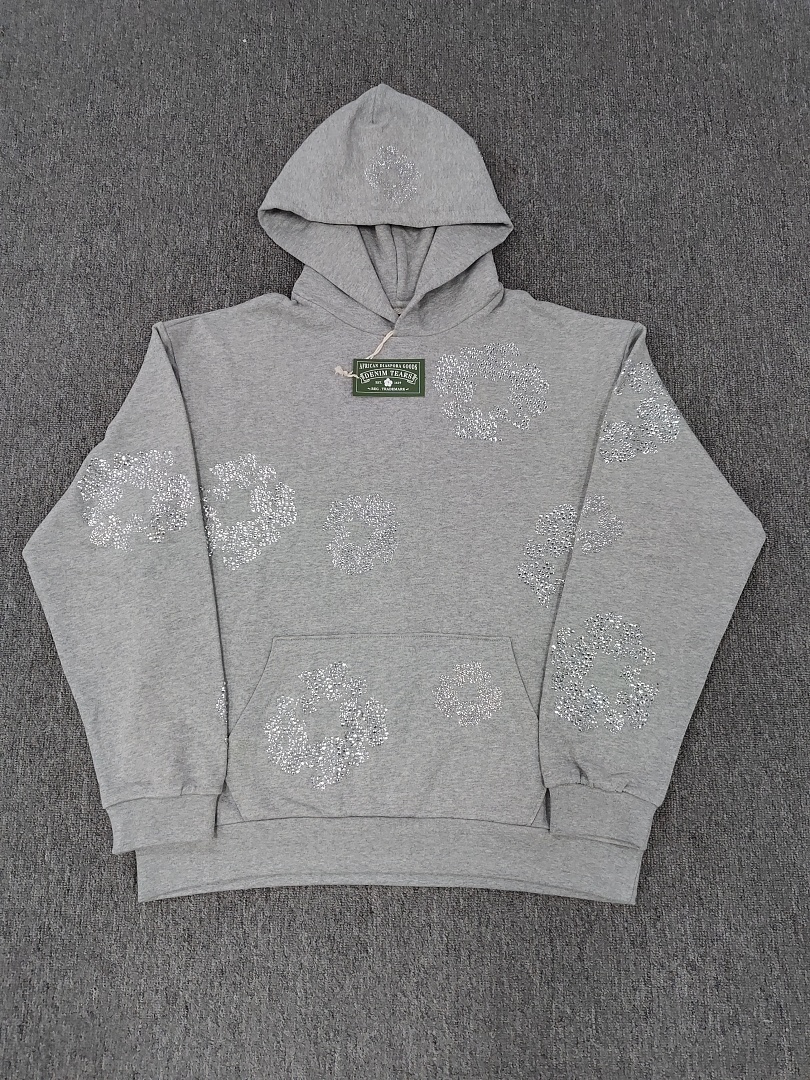 Denim Tears DT 木棉花 花环 图案 发泡  连帽卫衣 灰色水钻-B0