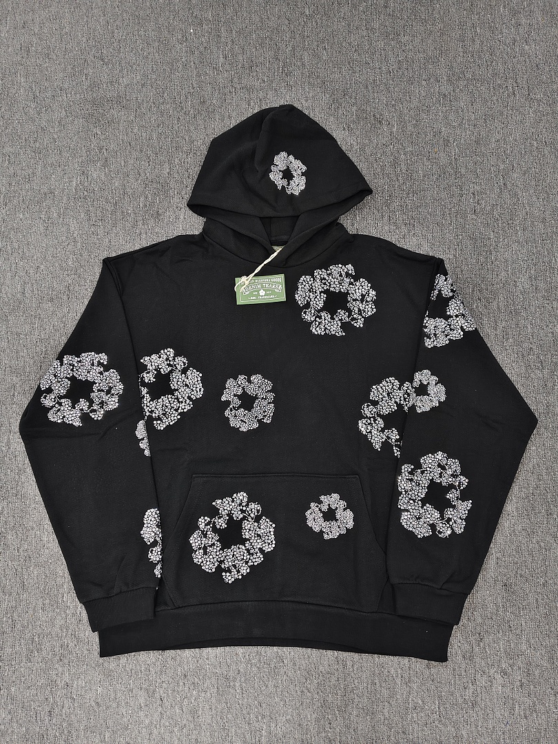 Denim Tears DT 木棉花 花环 图案 发泡  连帽卫衣 黑色水钻-B0