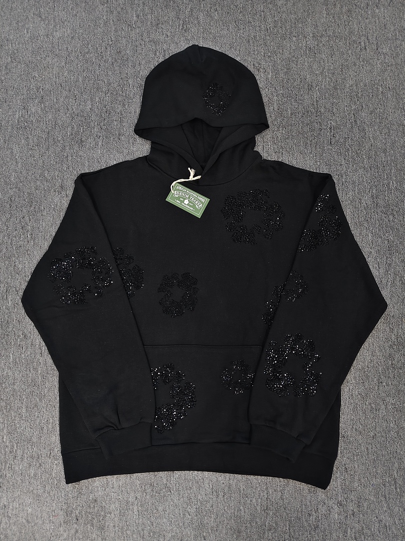 Denim Tears DT 木棉花 花环 图案 发泡  连帽卫衣 黑色 黑水钻-B0