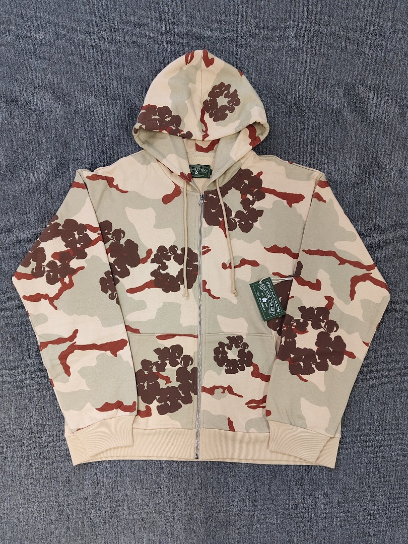 Denim Tears DT 木棉花 花环 图案 发泡印花  拉链 外套  迷彩浅棕色-B0