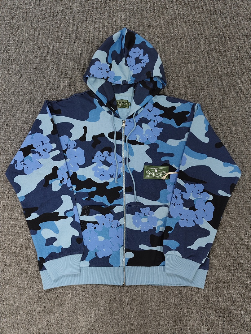 Denim Tears DT 木棉花 花环 图案 发泡印花  拉链 外套  迷彩蓝色-B0