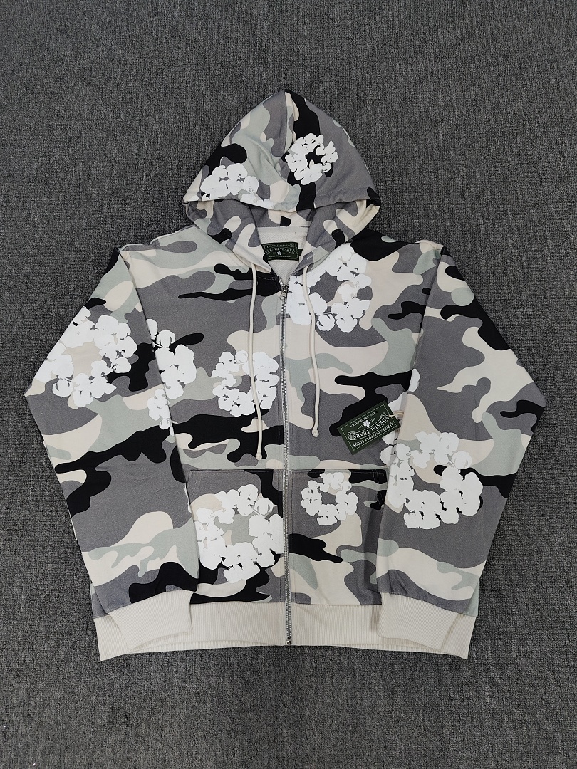 Denim Tears DT 木棉花 花环 图案 发泡印花  拉链 外套  迷彩灰白黑-B0