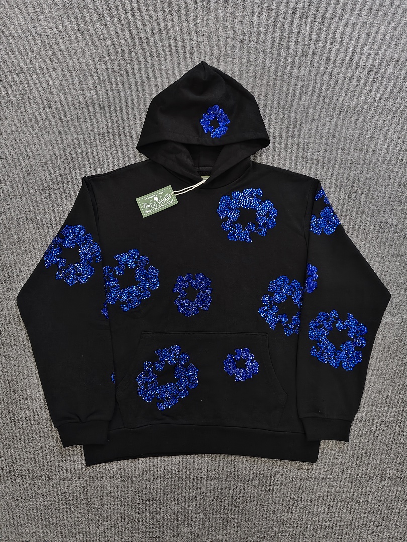 Denim Tears DT 木棉花 花环 图案 发泡  连帽卫衣 黑色 蓝钻-B0