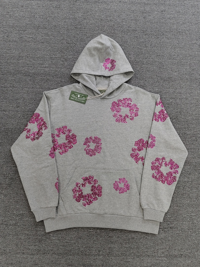 Denim Tears DT 木棉花 花环 图案 发泡  连帽卫衣 灰色 粉钻-B0