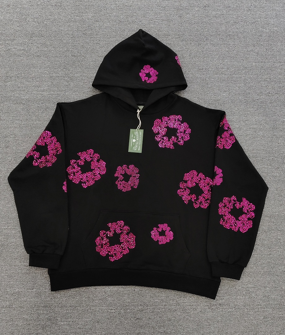 Denim Tears DT 木棉花 花环 图案 发泡  连帽卫衣 黑色 粉钻-B0