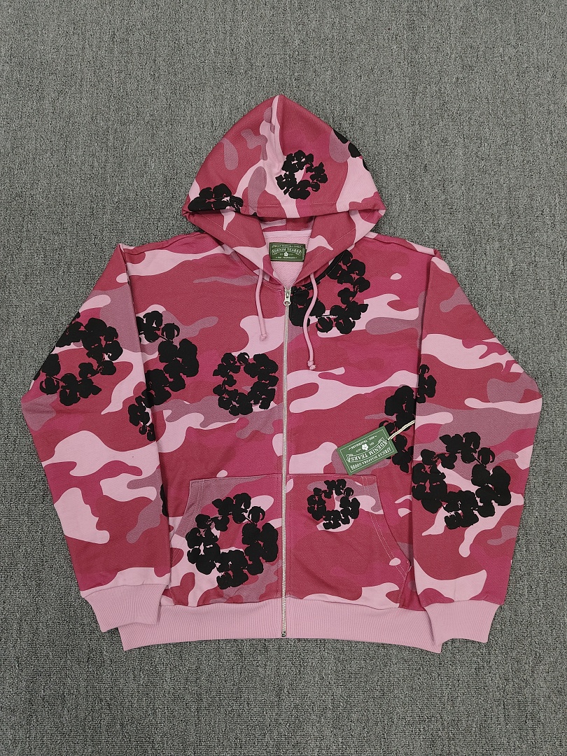 Denim Tears DT 木棉花 花环 图案 发泡印花  拉链 外套  迷彩 红色 -B0