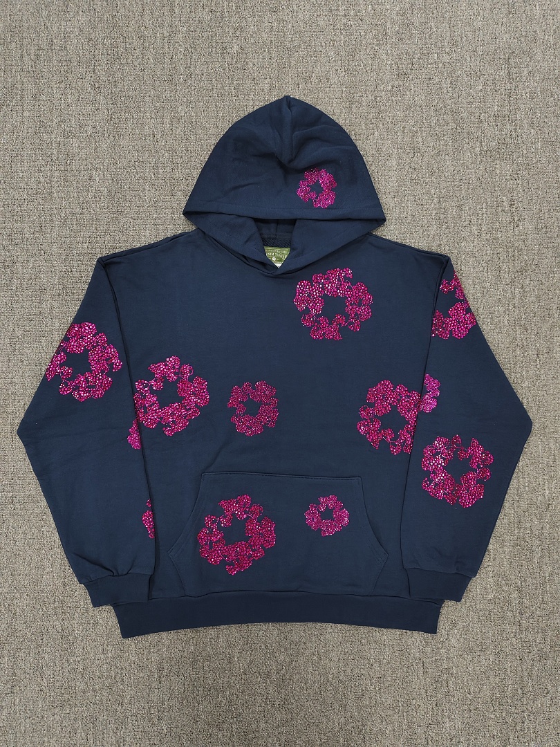 Denim Tears DT 木棉花 花环 图案 发泡  连帽卫衣 藏蓝色 红钻-B0
