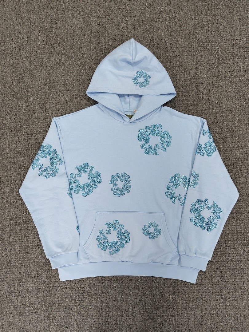 Denim Tears DT 木棉花 花环 图案 发泡  连帽卫衣 天蓝色 蓝钻-B0