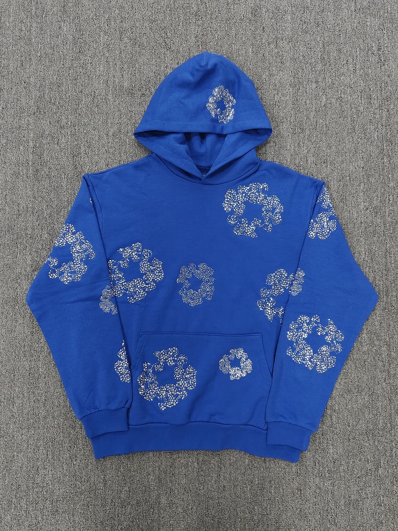 Denim Tears DT 木棉花 花环 图案 发泡  连帽卫衣 蓝色 银钻-B0
