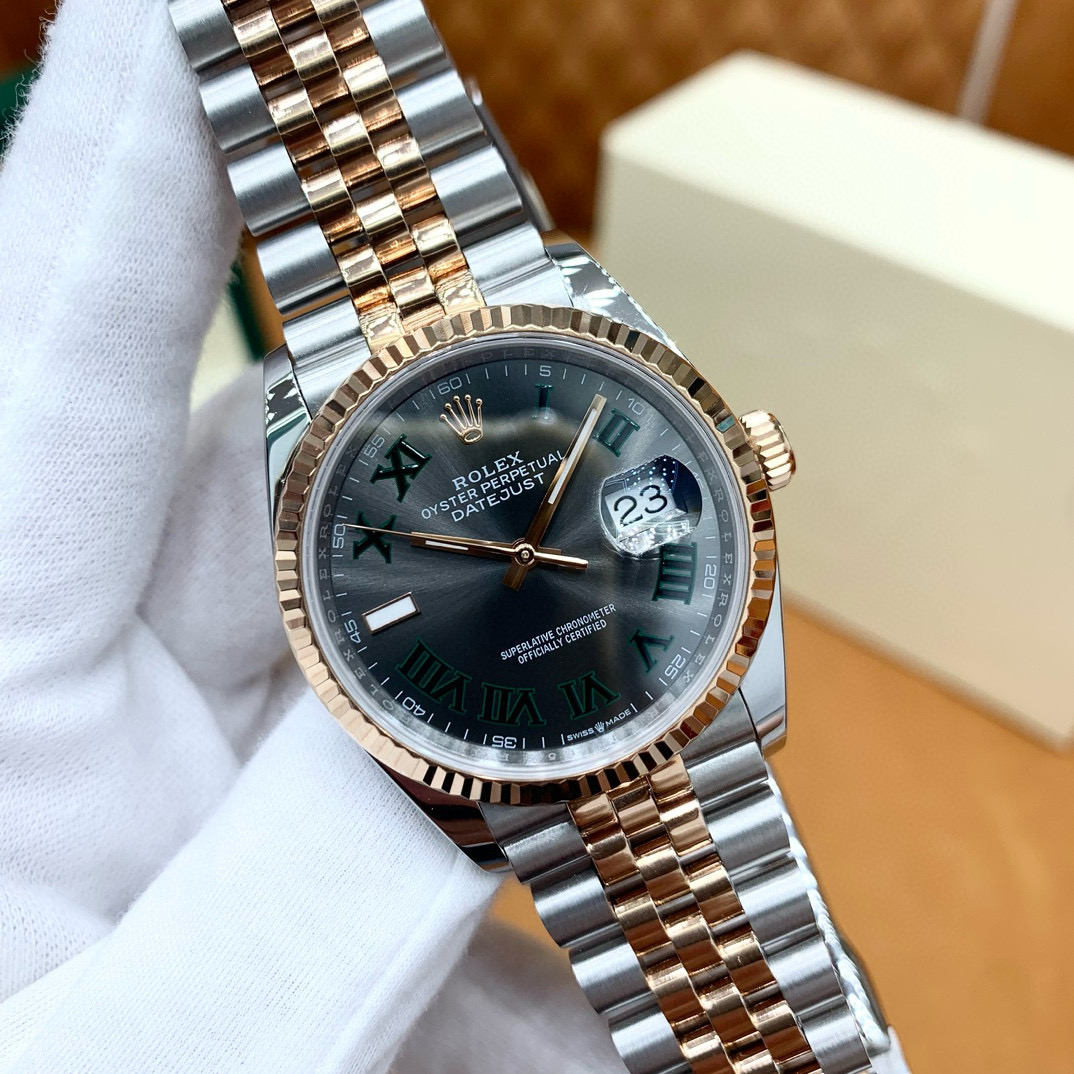 36 ROLEX 勞力士 日志型系列  自動機械機芯100米防水 男女表 36mm 蚝式鋼表殼 蚝式鋼表帶 间金灰盘 玫瑰金  M126231-0029