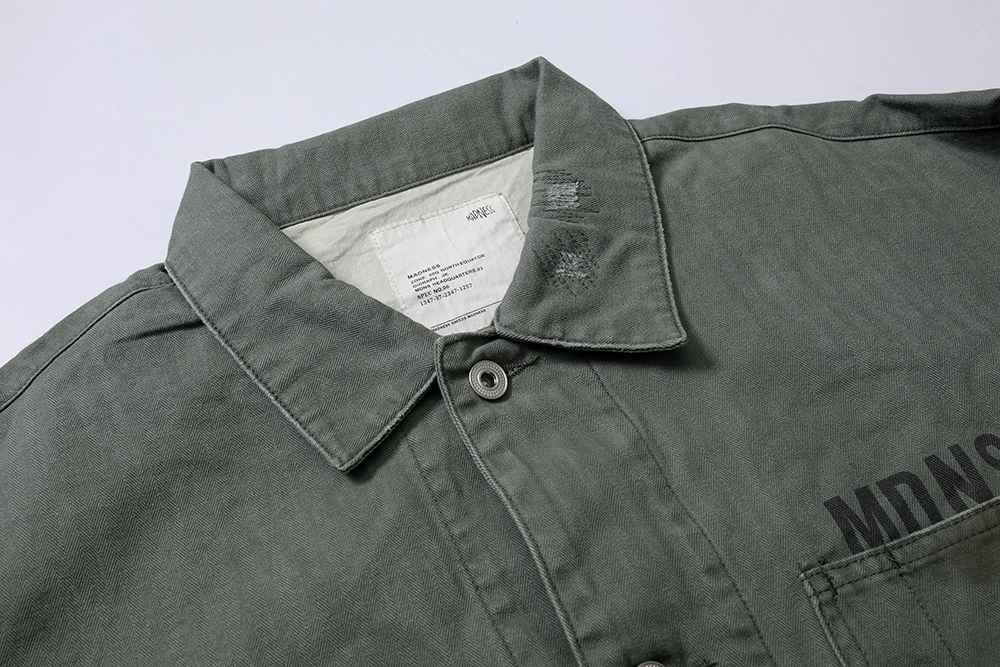 778# MADNESS 翻领 长袖 宽松 洗水做旧夹克外套 男女同款  绿色