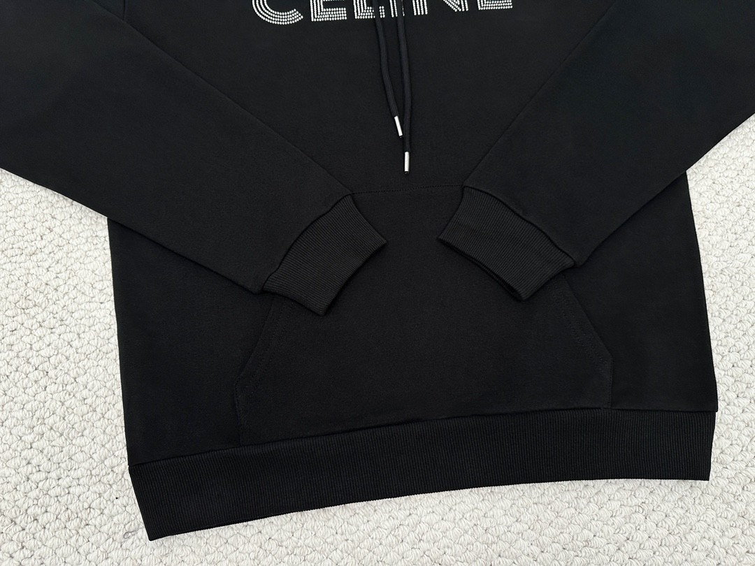CELINE 赛琳 水钻字母logo 套头 连帽卫衣 长袖 秋冬款 男女同款 黑色