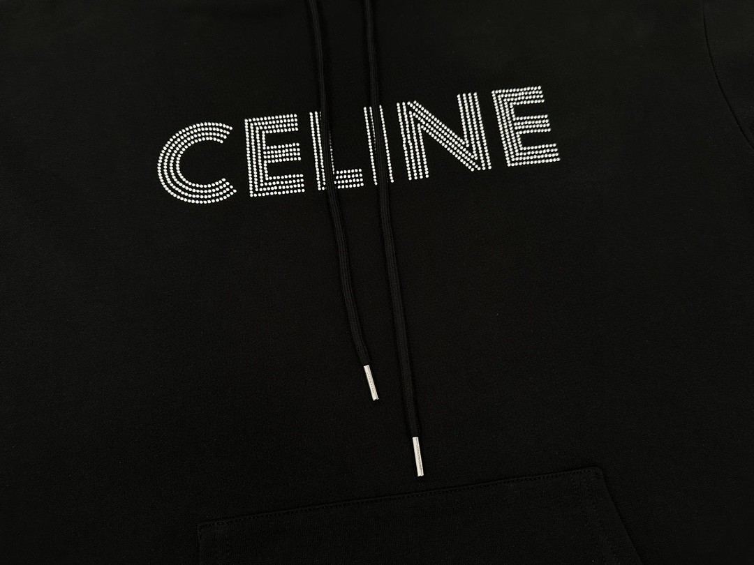 CELINE 赛琳 水钻字母logo 套头 连帽卫衣 长袖 秋冬款 男女同款 黑色