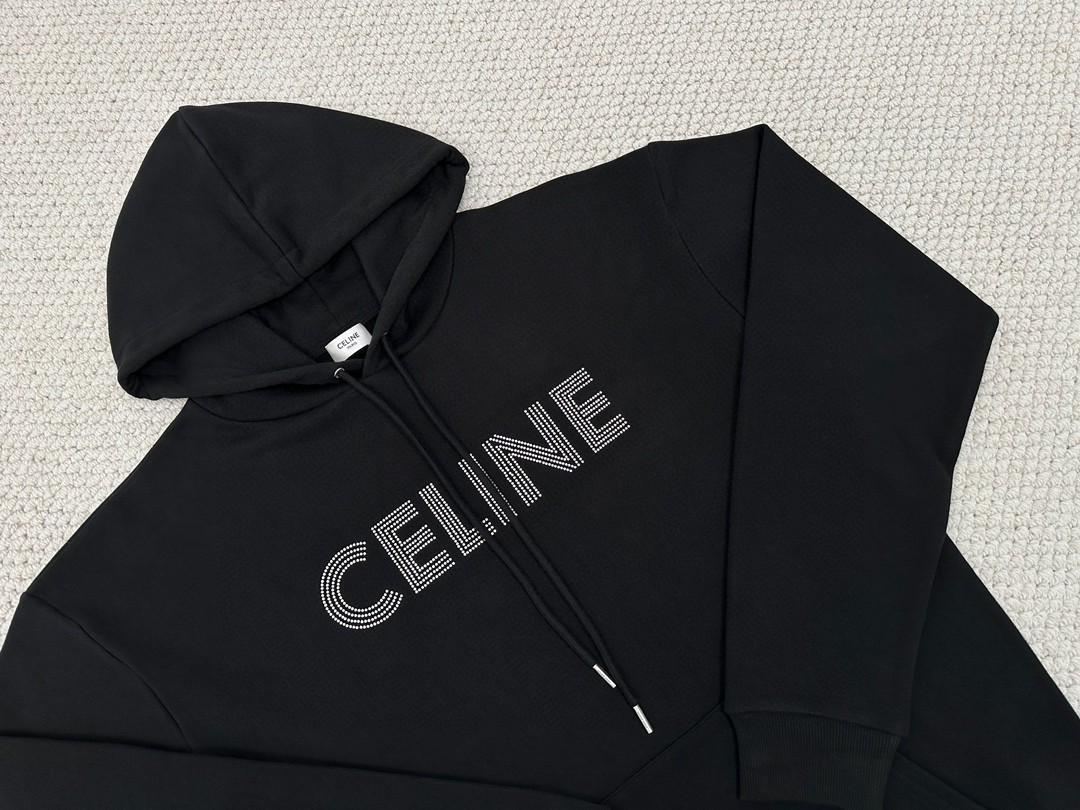 CELINE 赛琳 水钻字母logo 套头 连帽卫衣 长袖 秋冬款 男女同款 黑色