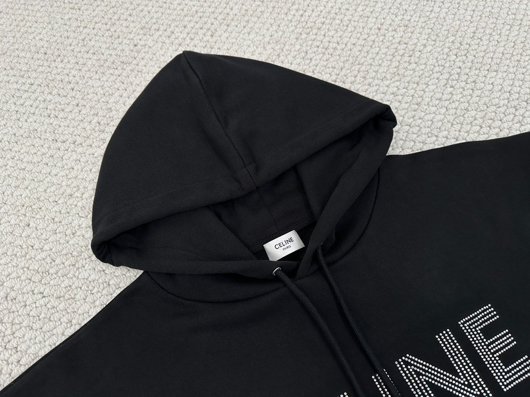 CELINE 赛琳 水钻字母logo 套头 连帽卫衣 长袖 秋冬款 男女同款 黑色