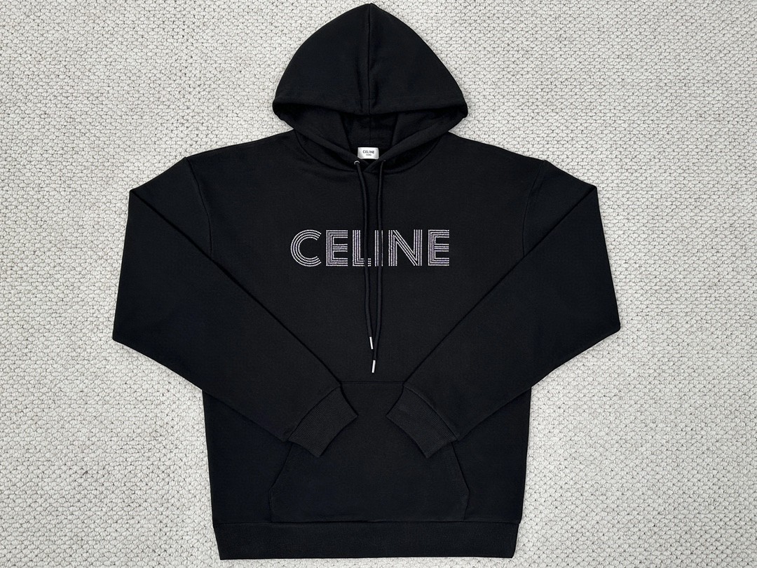 CELINE 赛琳 水钻字母logo 套头 连帽卫衣 长袖 秋冬款 男女同款 黑色