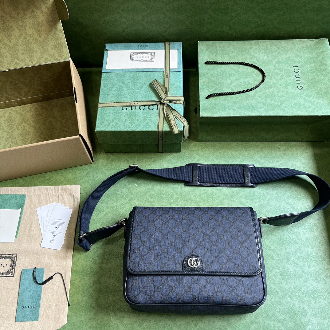 原厂皮 GUCCI 古驰 Ophidia 双G徽标可调节肩带磁力翻盖扣 帆布拼皮革 邮差包 斜挎包 单肩包 中号 蓝色 761741-FACJY-8441
