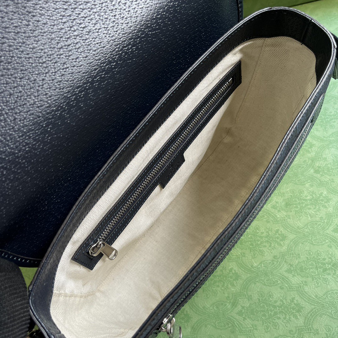 原厂皮 GUCCI 古驰 Ophidia 双G徽标可调节肩带磁力翻盖扣 帆布拼皮革 邮差包 斜挎包 单肩包 中号 蓝色 761741-FACJY-8441