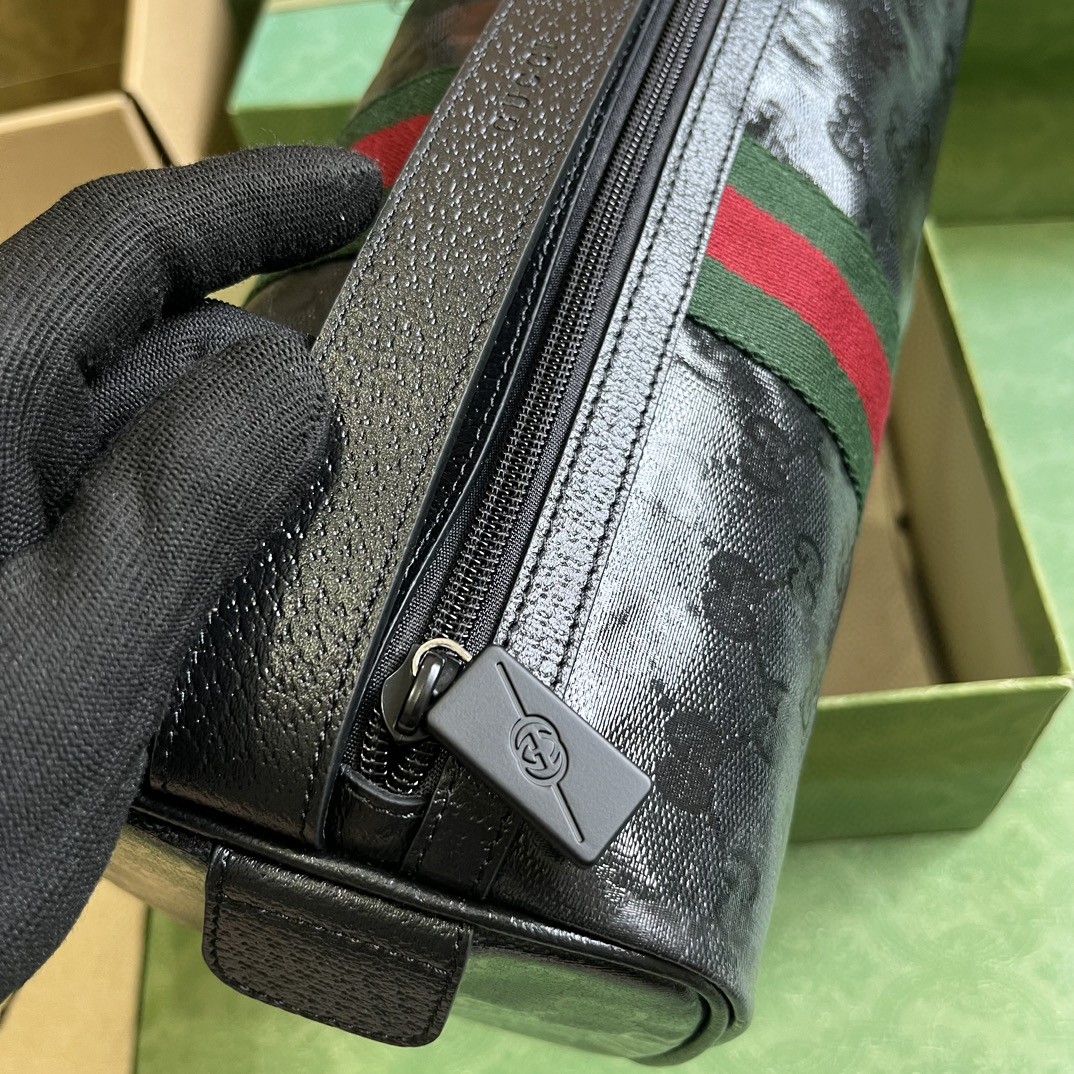 原厂皮 GUCCI 古驰 双G徽标印花拉链开合 帆布 手拿包 收纳包 洗漱包 黑色 759689-FACI0-1064