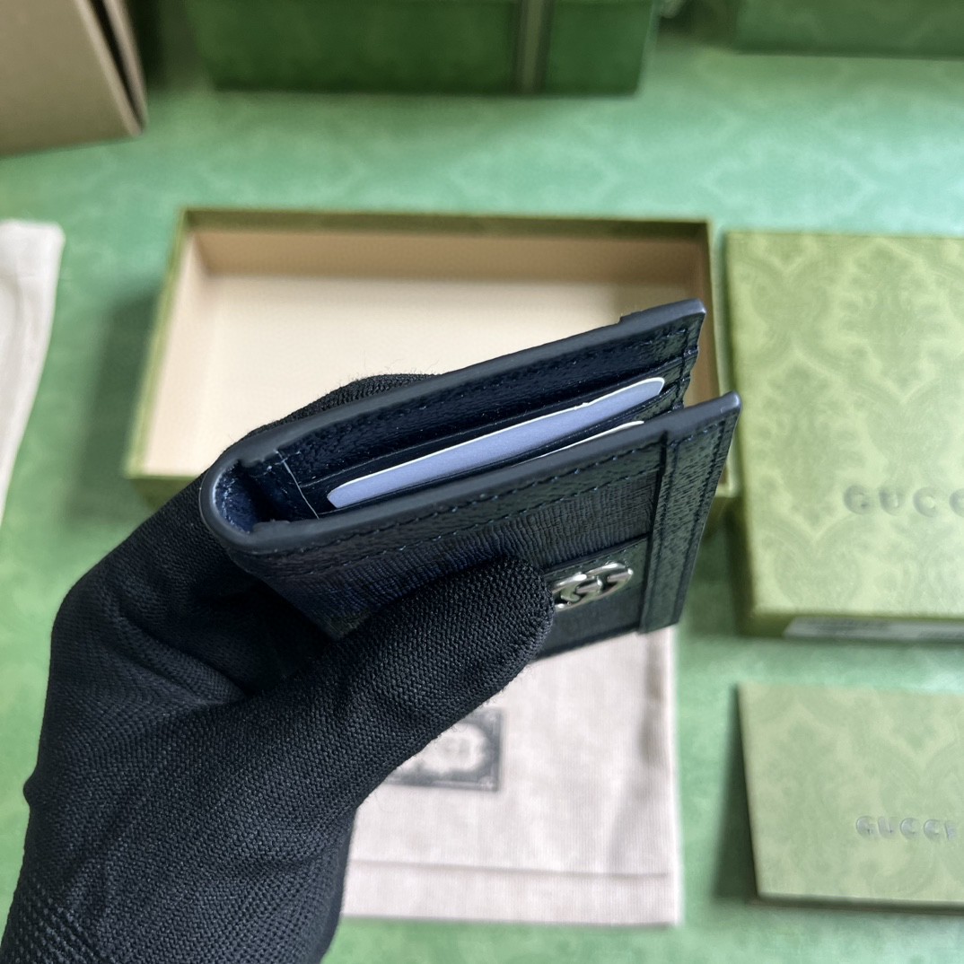 原厂皮 GUCCI 古驰 Ophidia 双G徽标翻盖开合 八个卡槽 帆布 卡包 蓝色 734943