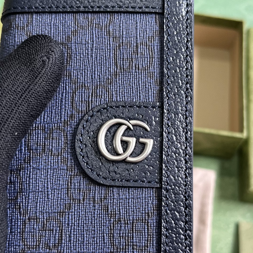 原厂皮 GUCCI 古驰 Ophidia 双G徽标翻盖开合 八个卡槽 帆布 卡包 蓝色 734943