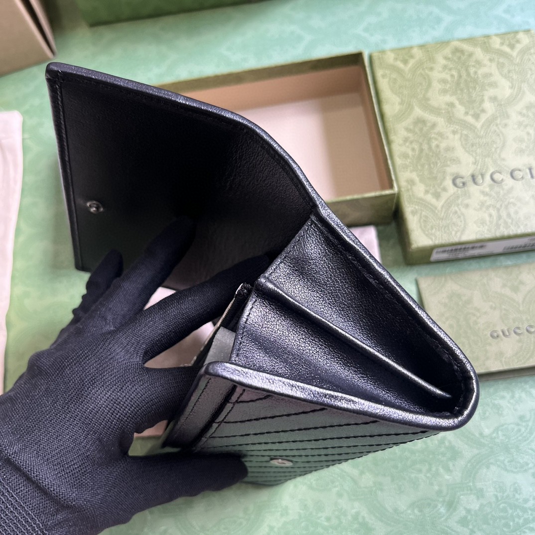 原厂皮 GUCCI 古驰 Blondie 互扣式双G贴饰按扣开合皮革 长款 卡包 钱包 零钱包 黑色 760312