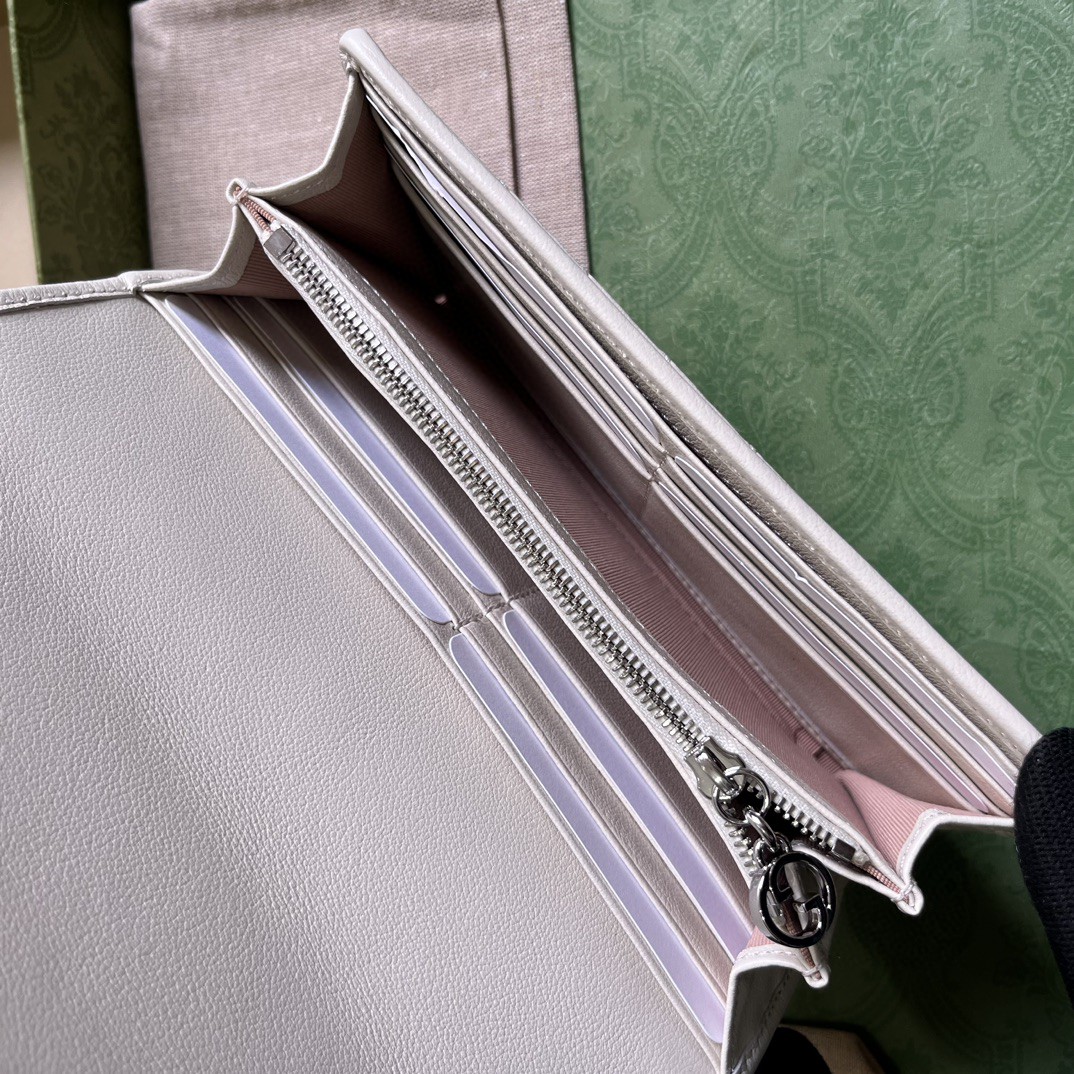 原厂皮 GUCCI 古驰 Blondie 互扣式双G贴饰按扣开合皮革 长款 卡包 钱包 零钱包 白色 760312