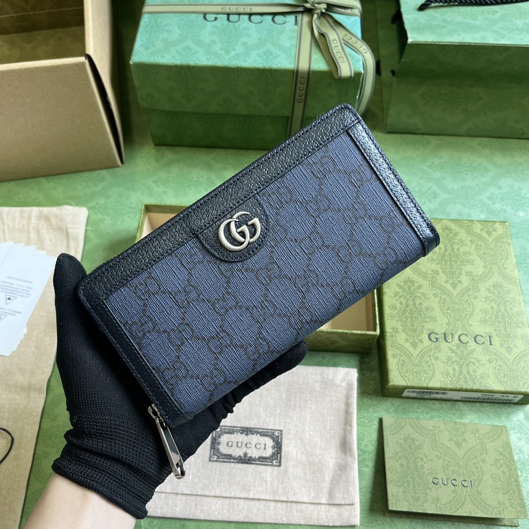 原厂皮 GUCCI 古驰 Ophidia 双G徽标拉链开合 帆布 钱包 卡包 零钱包 蓝色 706844