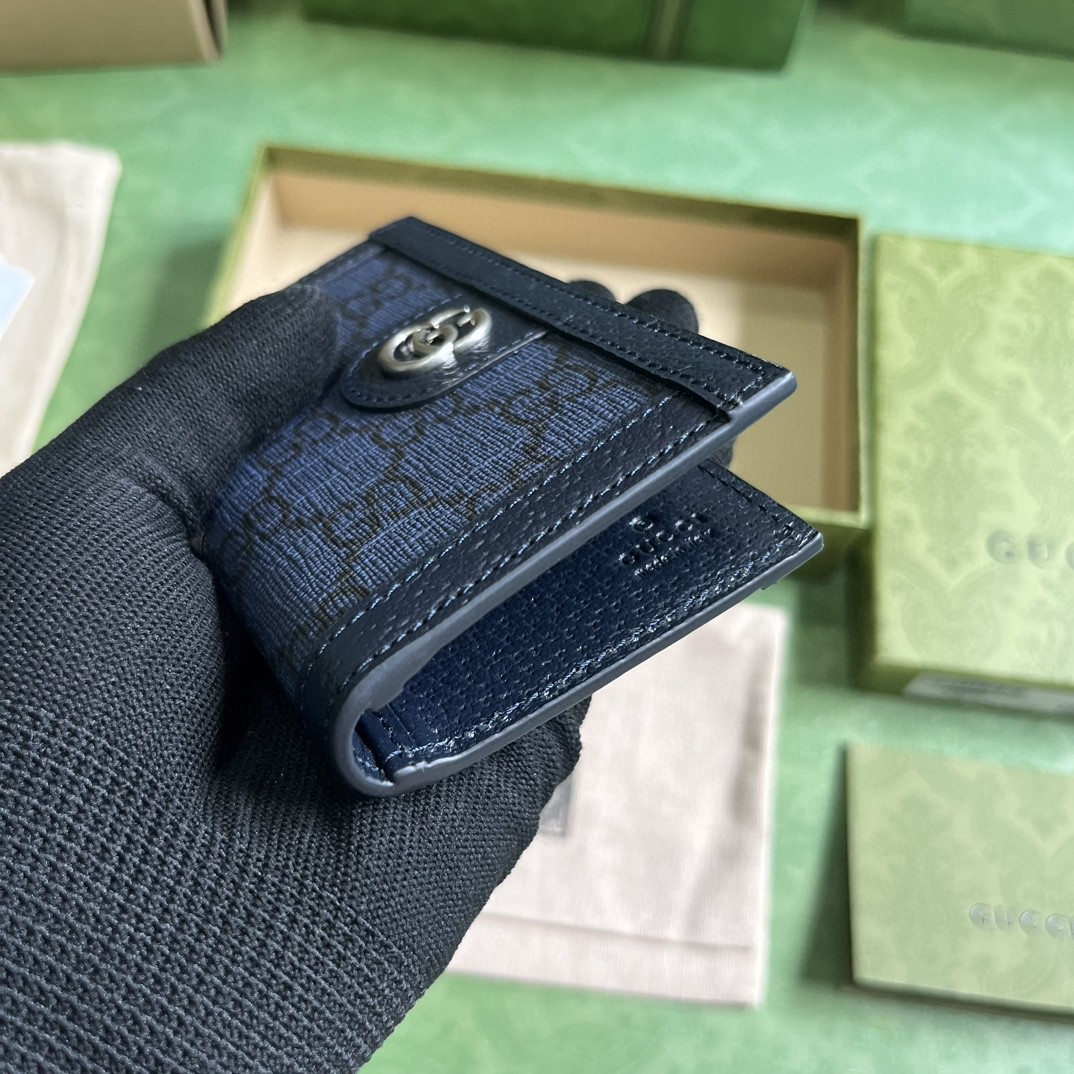 原厂皮 GUCCI 古驰 Ophidia 双G徽标翻盖开合 八个卡槽 帆布 卡包 蓝色 734943